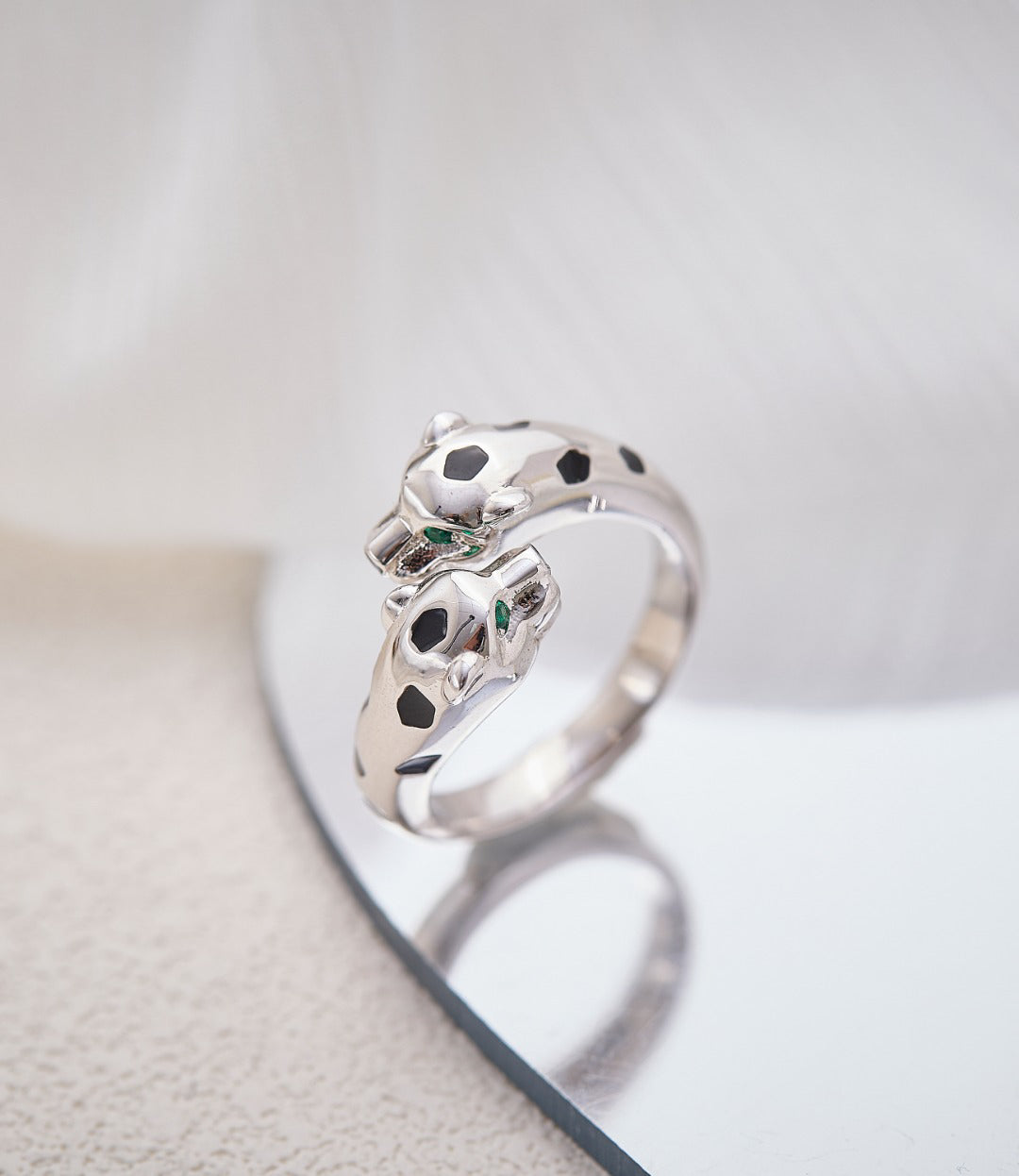 Green-Eye Double Panther Wrap Ring - Silver