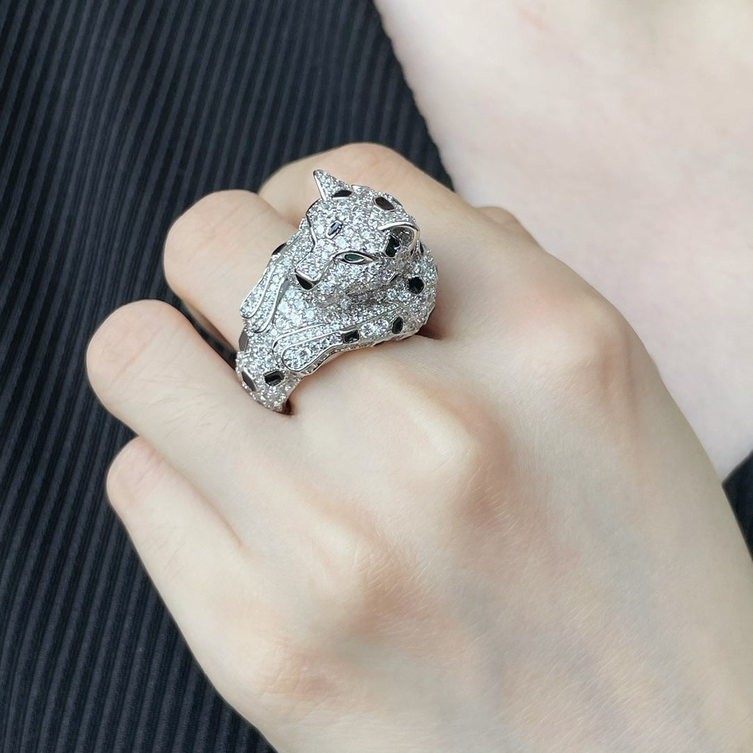 Spotted Panther Head Statement Ring - Silver