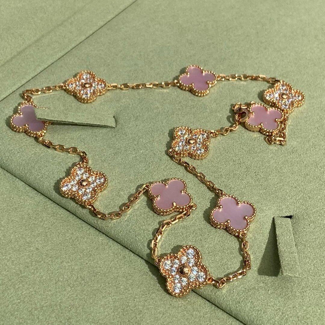 [Avelora Jewelry ]CLOVER 10 MOTIFS DIAMOND PINK MOP NECKLACE