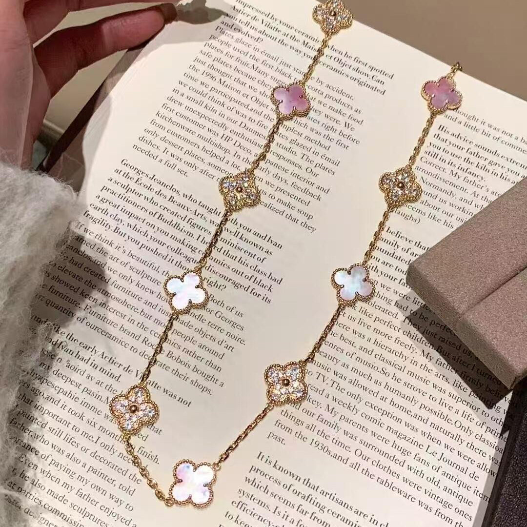 [Avelora Jewelry ]CLOVER 20 MOTIFS DIAMOND PINK MOP NECKLACE