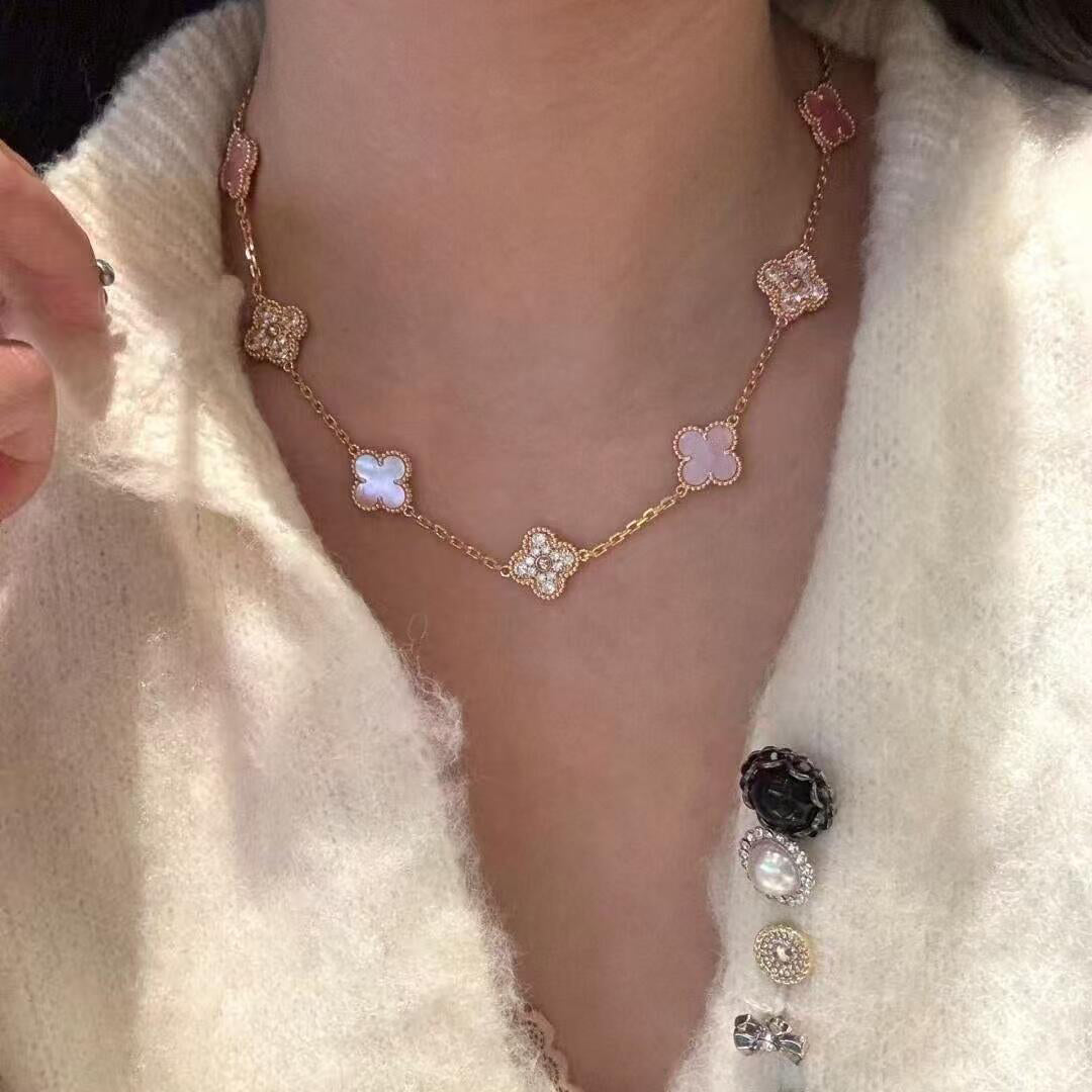 [Avelora Jewelry ]CLOVER 10 MOTIFS DIAMOND PINK MOP NECKLACE