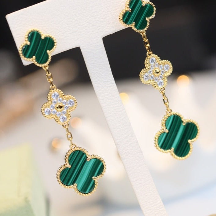 [Avelora Jewelry ]CLOVER EARRINGS GOLD MALACHITE DIAMOND 3 MOTIF