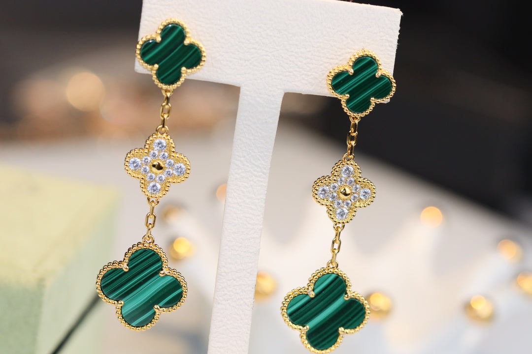 [Avelora Jewelry ]CLOVER EARRINGS GOLD MALACHITE DIAMOND 3 MOTIF