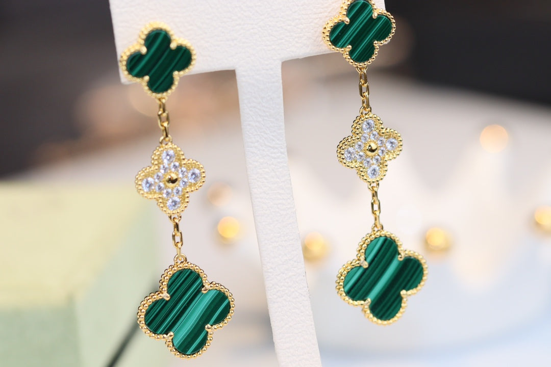 [Avelora Jewelry ]CLOVER EARRINGS GOLD MALACHITE DIAMOND 3 MOTIF