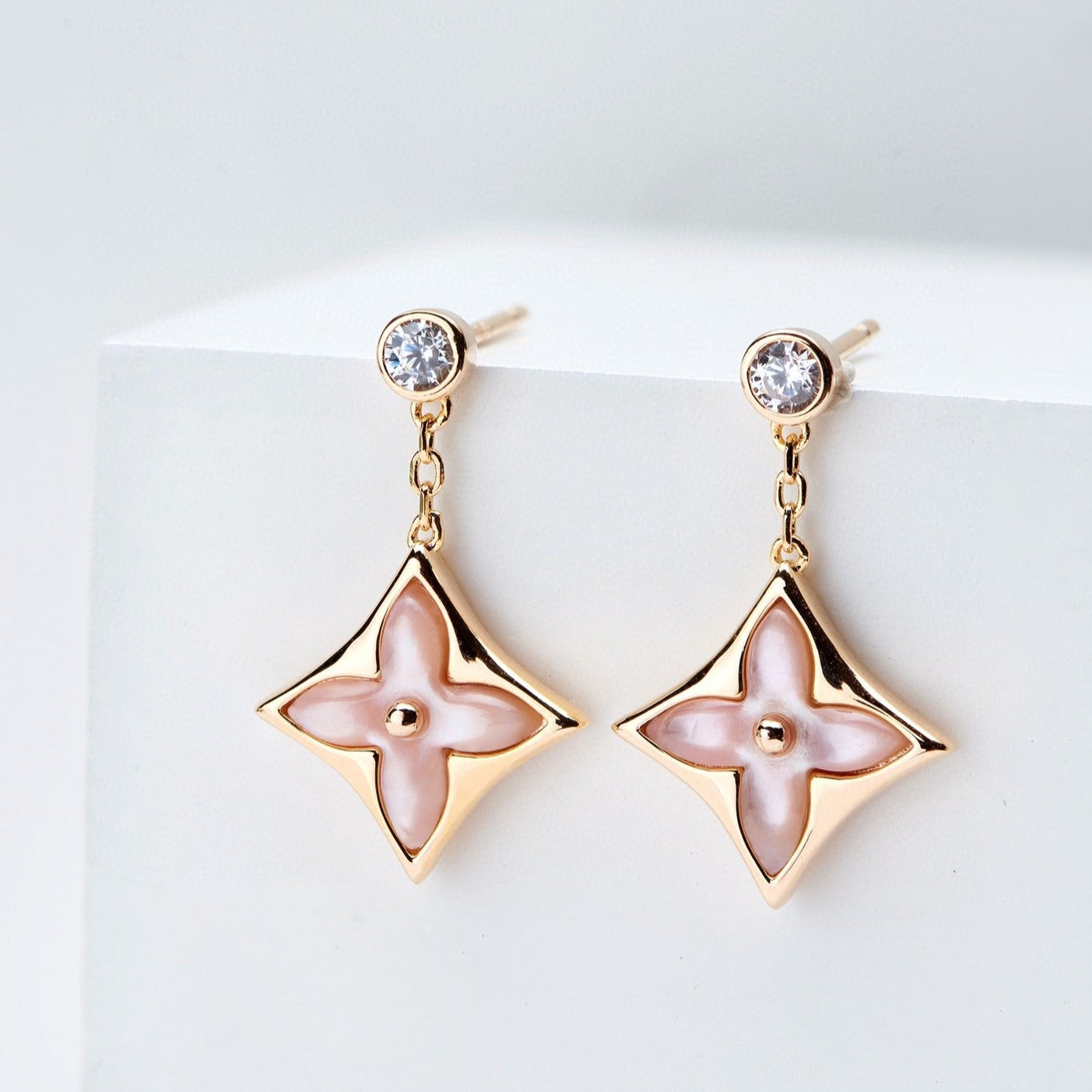 [Avelora]DOUBLE STAR ROSE GOLD MOP DROP EARRINGS