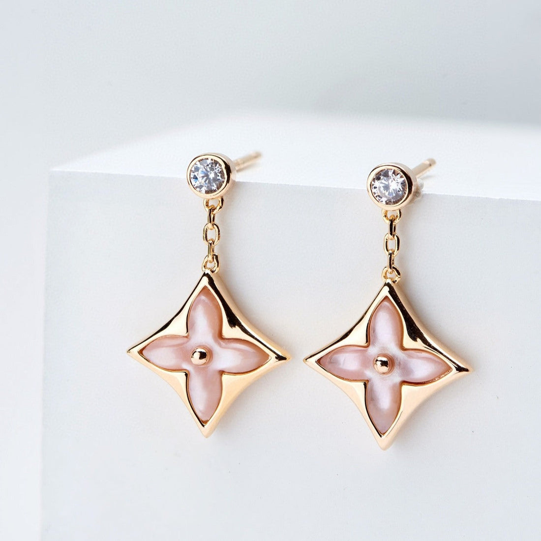 [Avelora Jewelry ]DOUBLE STAR PINK GOLD MOP DROP EARRINGS