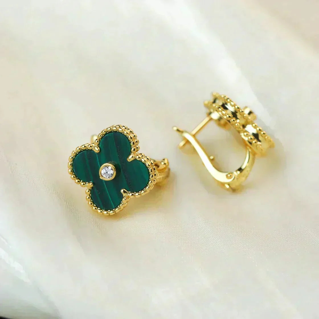 [Avelora Jewelry ]CLOVER MEDIUM 1 MOTIFS MALACHITE DIAMOND EARRINGS