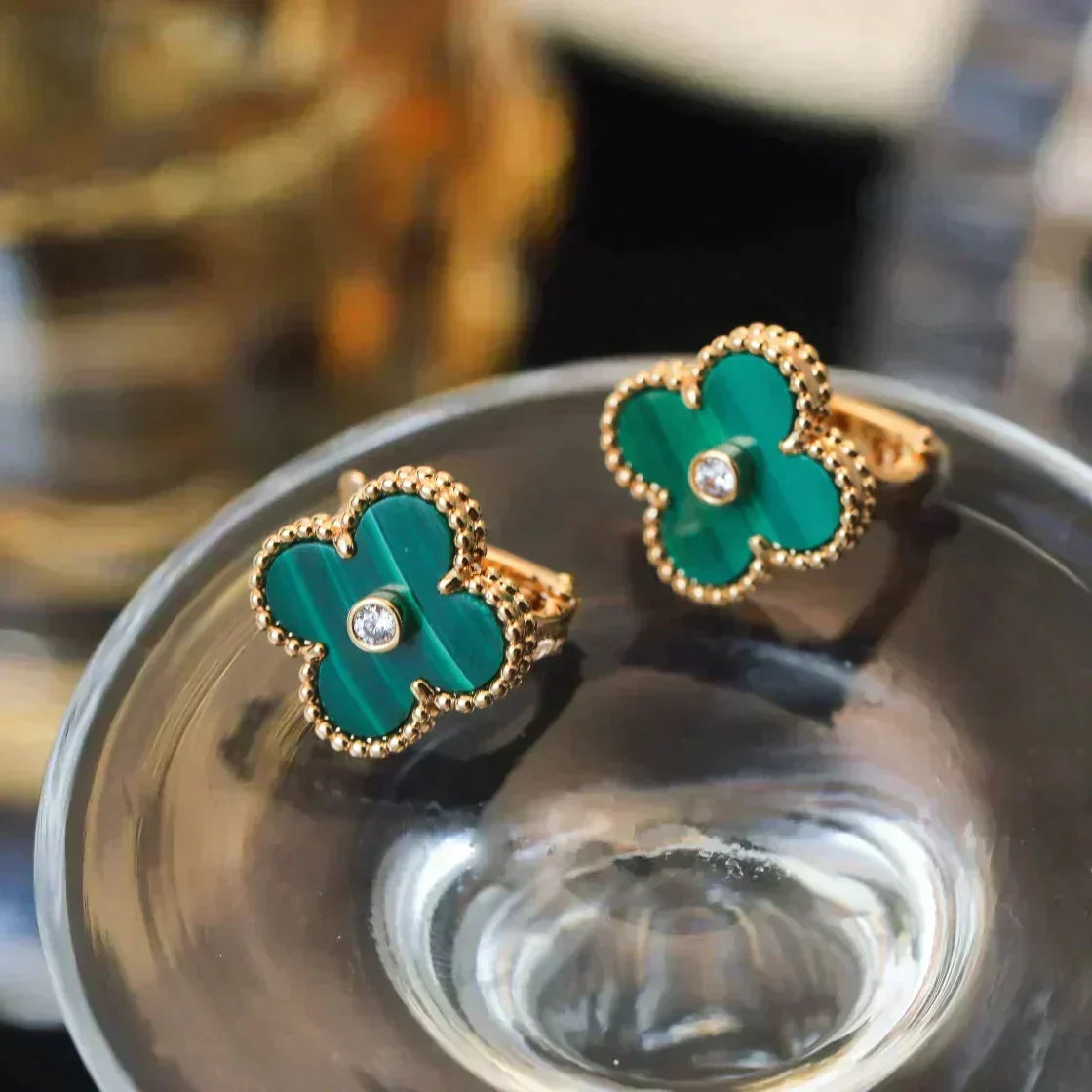 [Avelora Jewelry ]CLOVER MEDIUM 1 MOTIFS MALACHITE DIAMOND EARRINGS