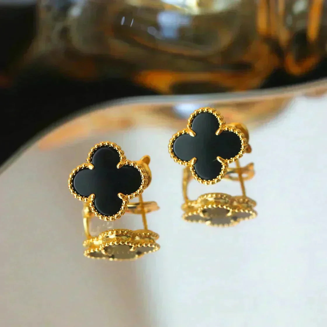 [Avelora Jewelry ]CLOVER MEDIUM 1 MOTIFS  ONYX STUD EARRINGS