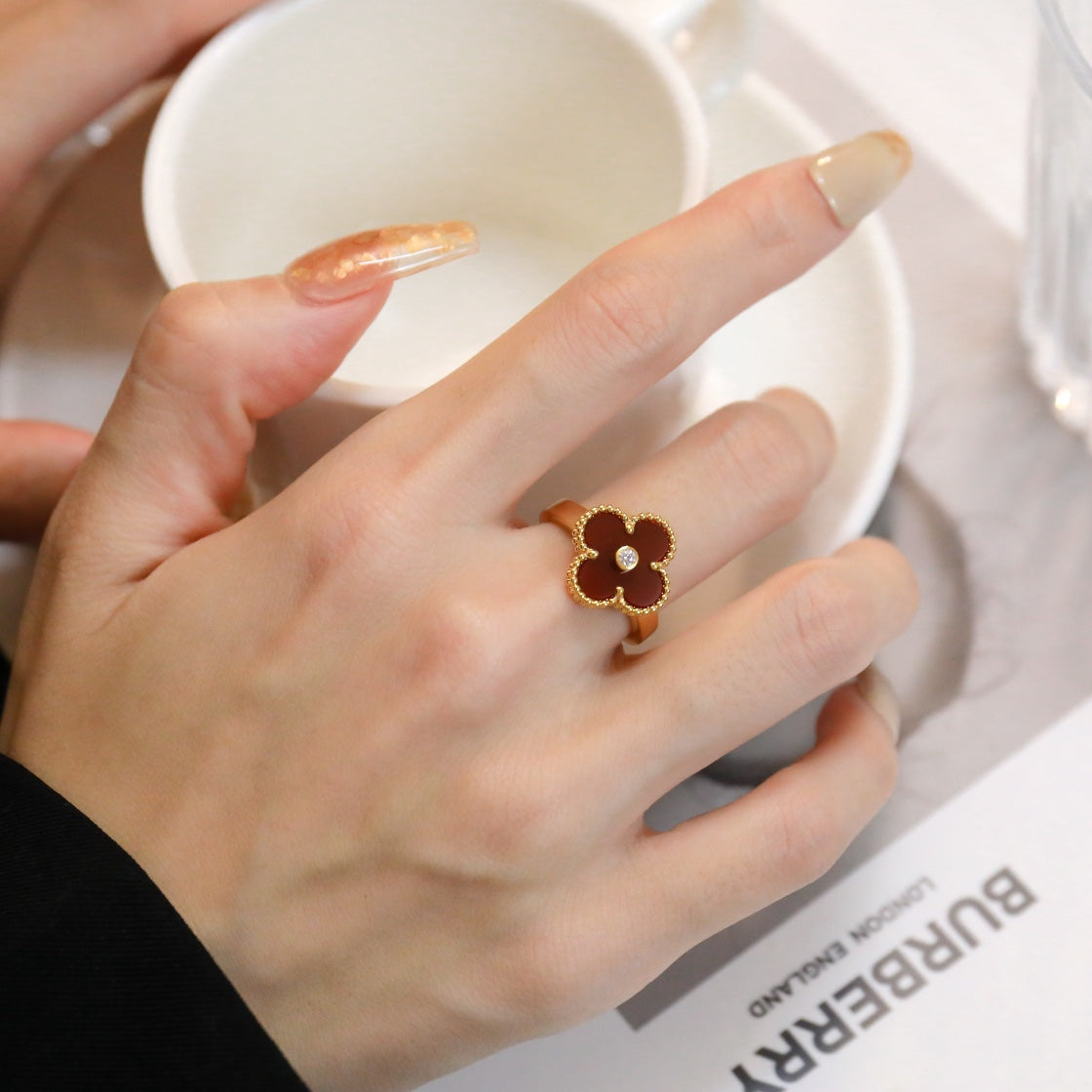 [Avelora Jewelry ]CLOVER CARNELIAN RING ROSE GOLD DIAMOND