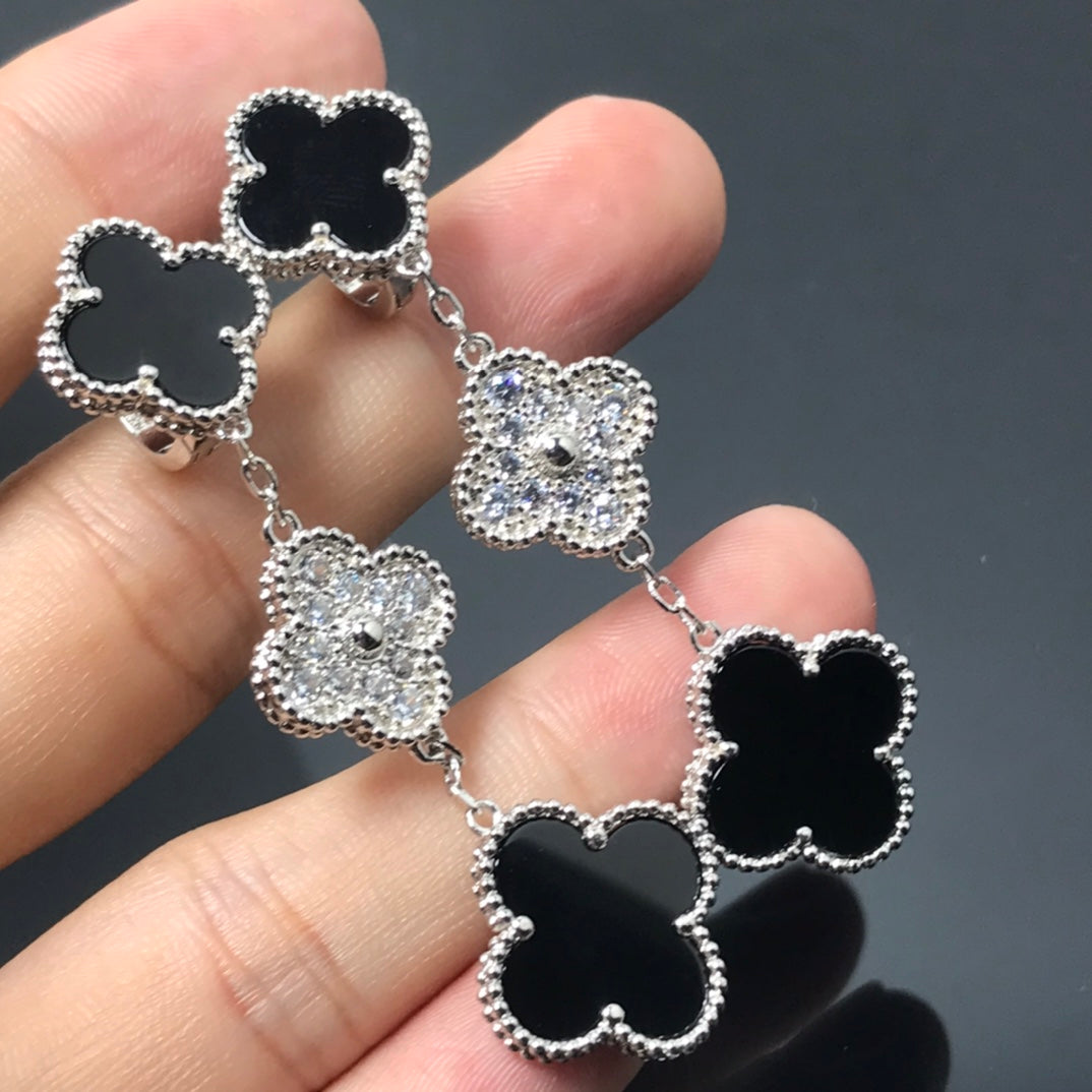 [Avelora Jewelry ]CLOVER 3 MOTIF DIAMOND ONYX SILVER EARRINGS