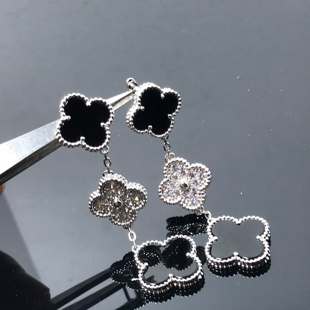 [Avelora Jewelry ]CLOVER 3 MOTIF DIAMOND ONYX SILVER EARRINGS