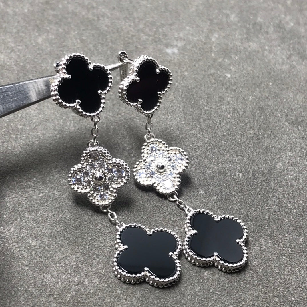 [Avelora Jewelry ]CLOVER 3 MOTIF DIAMOND ONYX SILVER EARRINGS