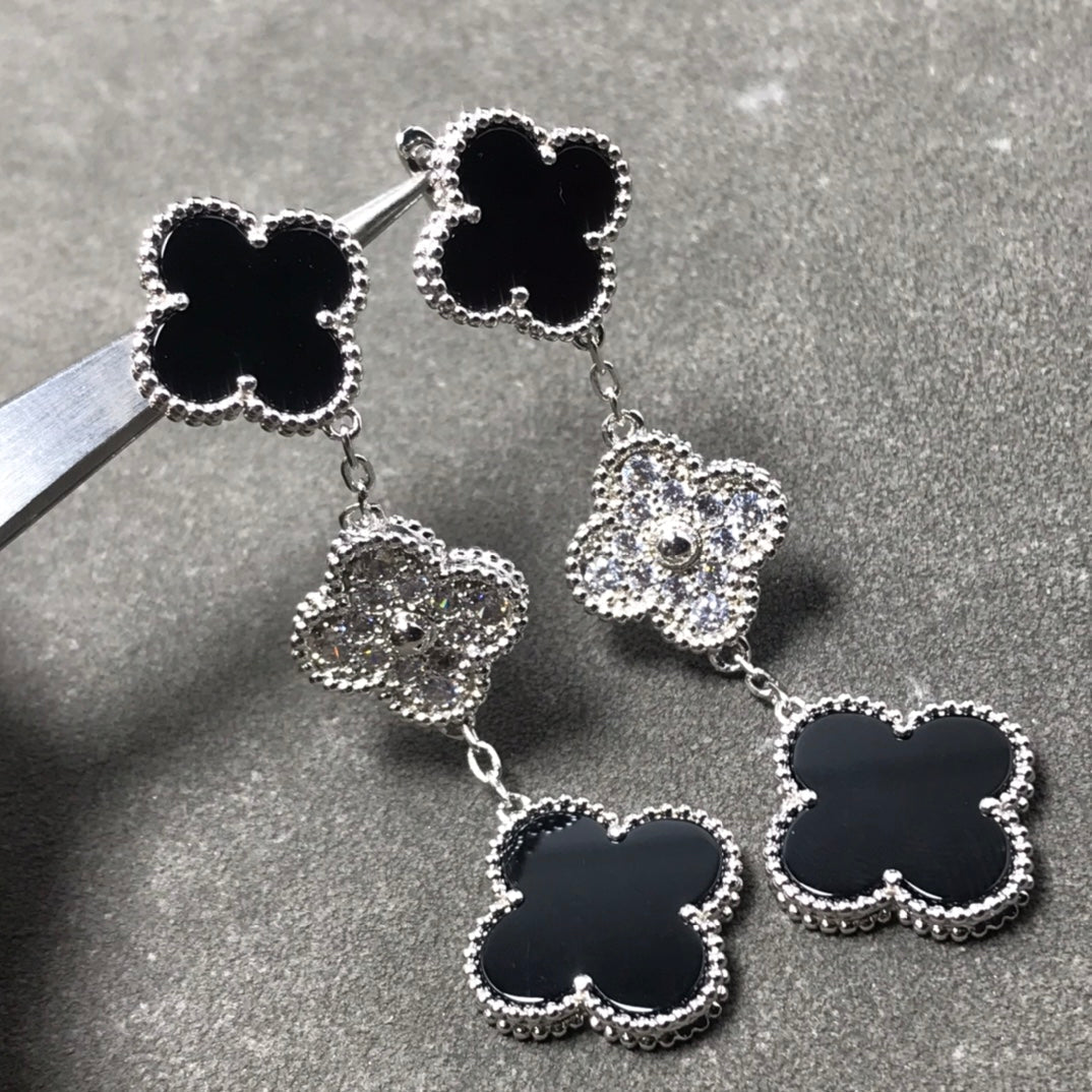 [Avelora Jewelry ]CLOVER 3 MOTIF DIAMOND ONYX SILVER EARRINGS