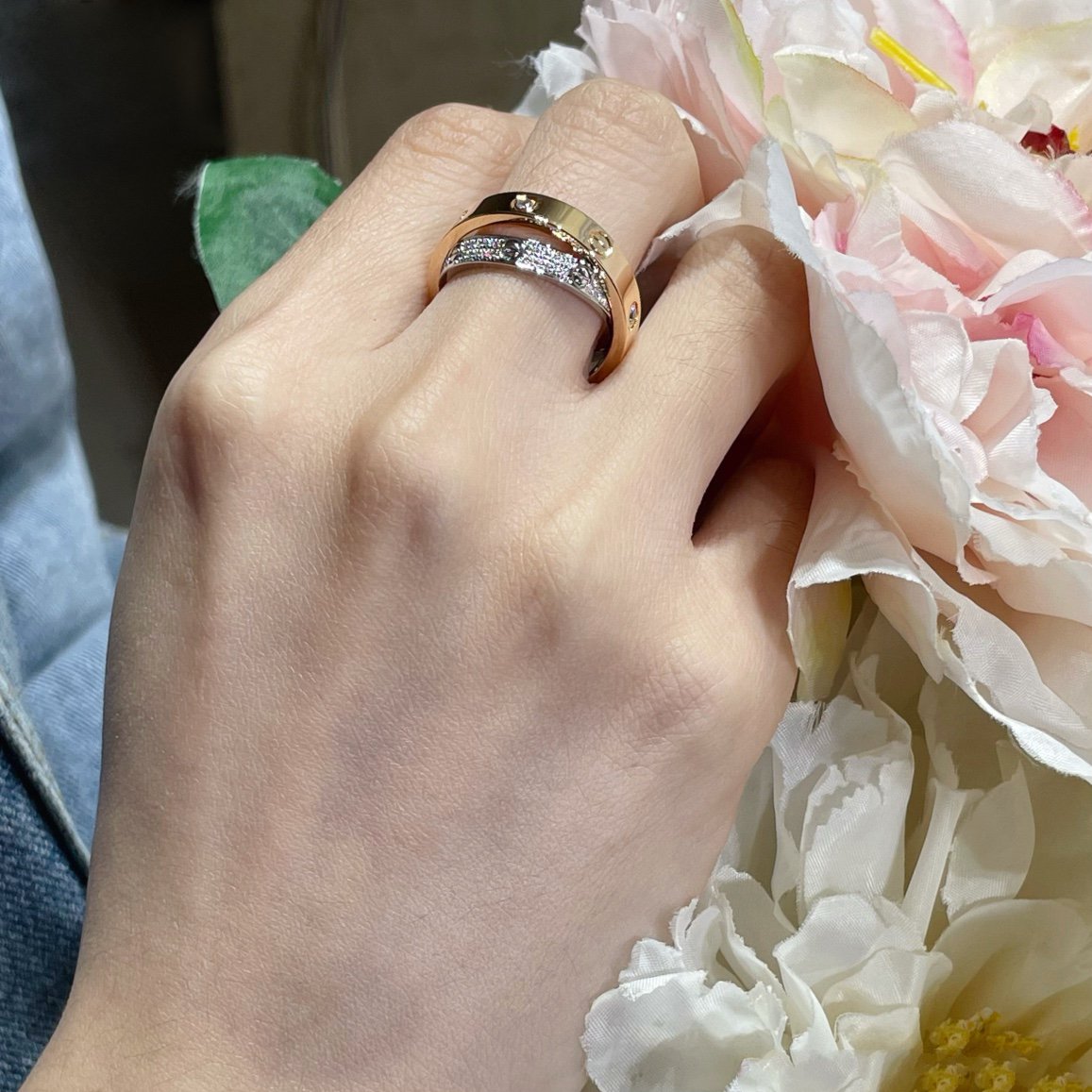 [Avelora Jewelry ]LOVE PINK GOLD SILVER DIAMOND DOUBLE RING