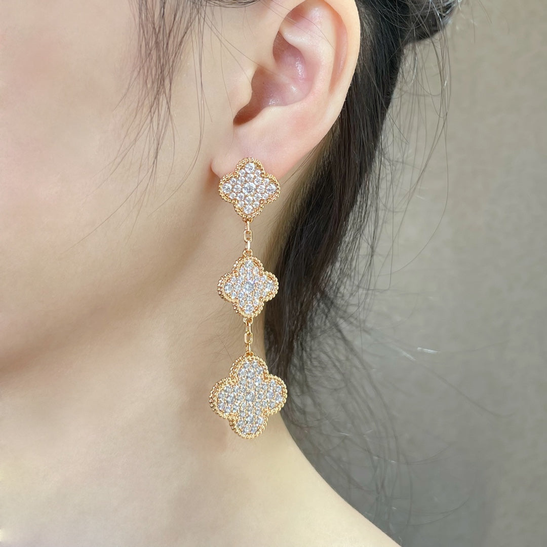 [Avelora Jewelry ]CLOVER 3 MOTIFS DIAMOND PAVED ROSE GOLD EARRINGS