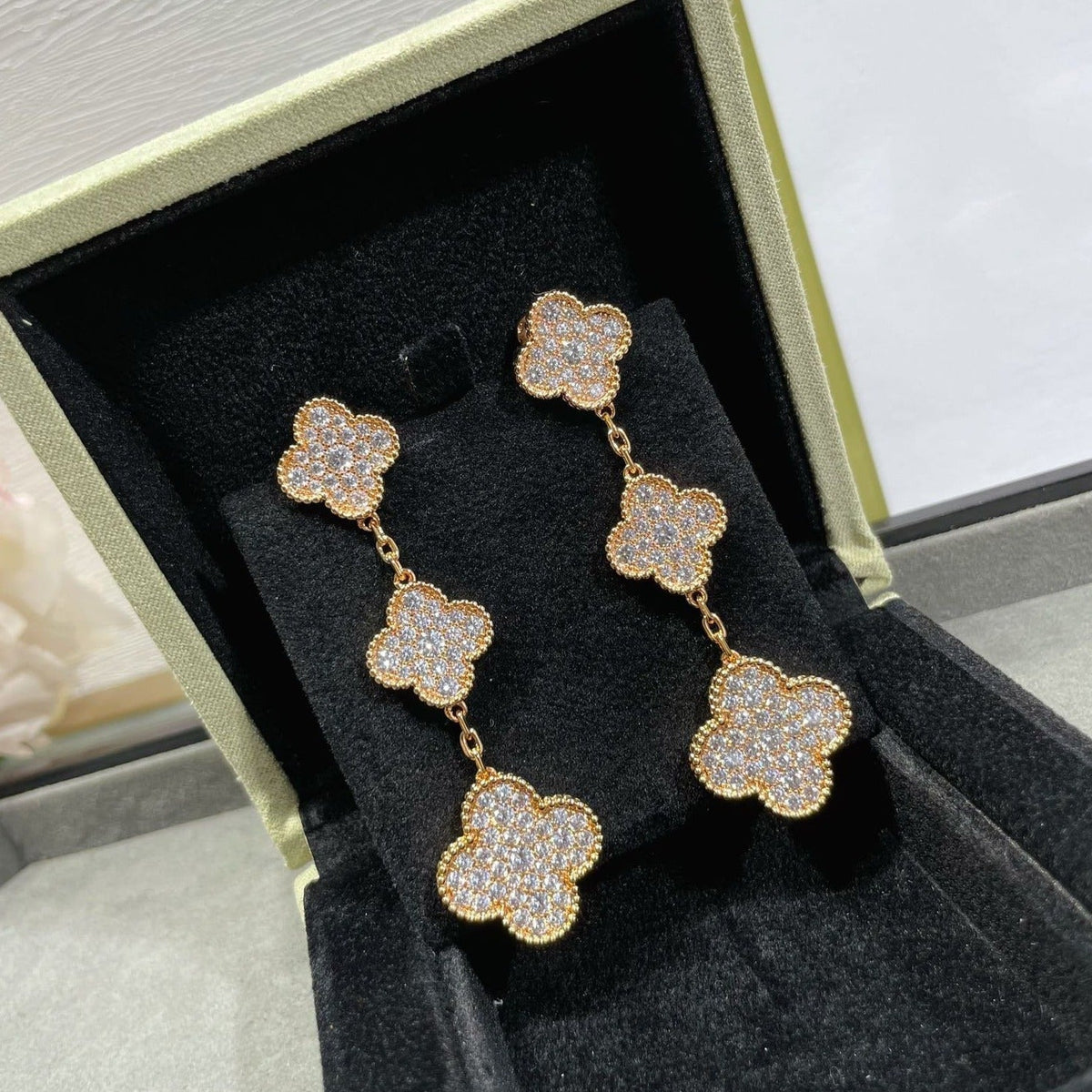 [Avelora Jewelry ]CLOVER 3 MOTIFS DIAMOND PAVED ROSE GOLD EARRINGS