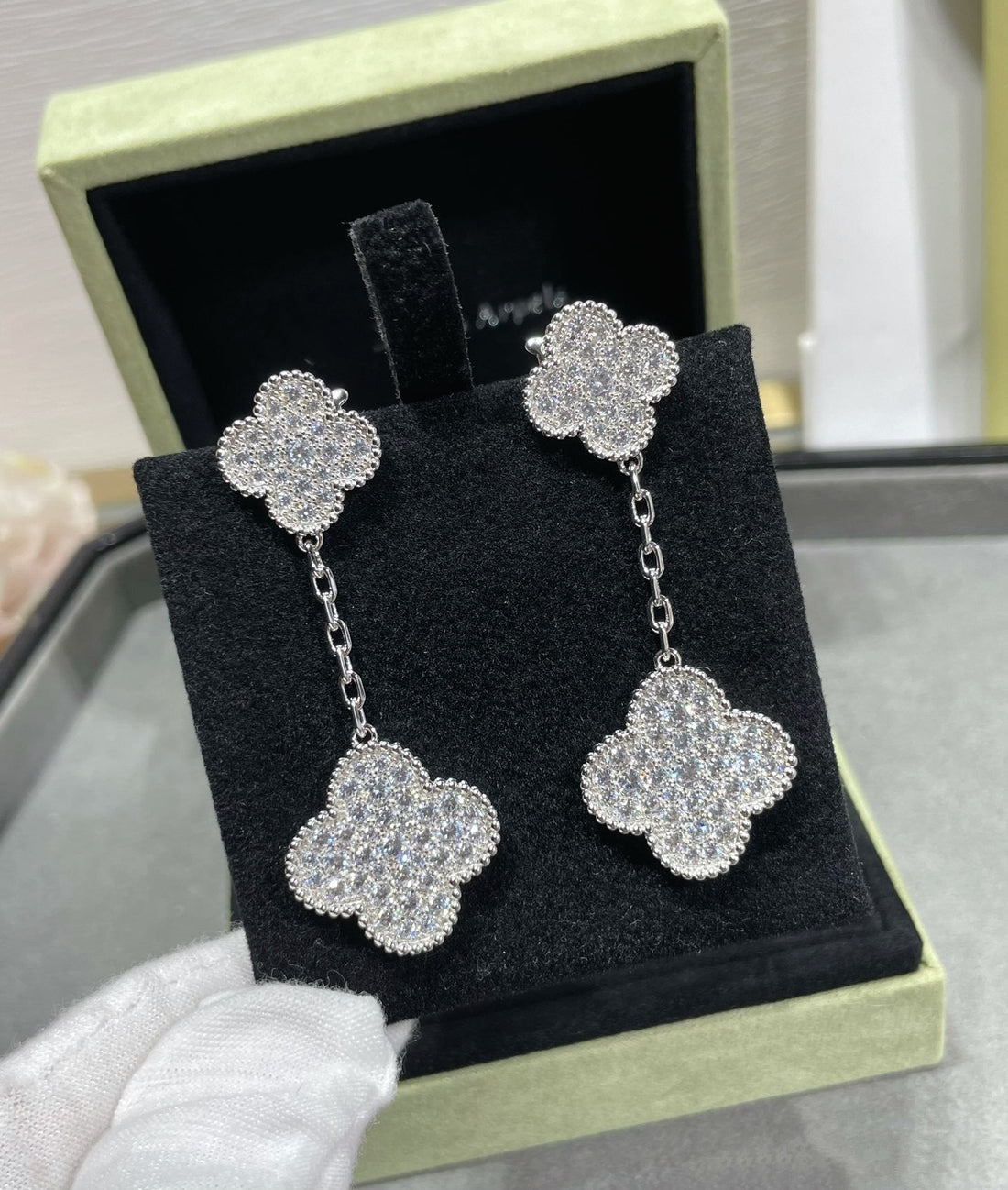 [Avelora Jewelry ]CLOVER 2 MOTIFS DIAMOND PAVED SILVER EARRINGS