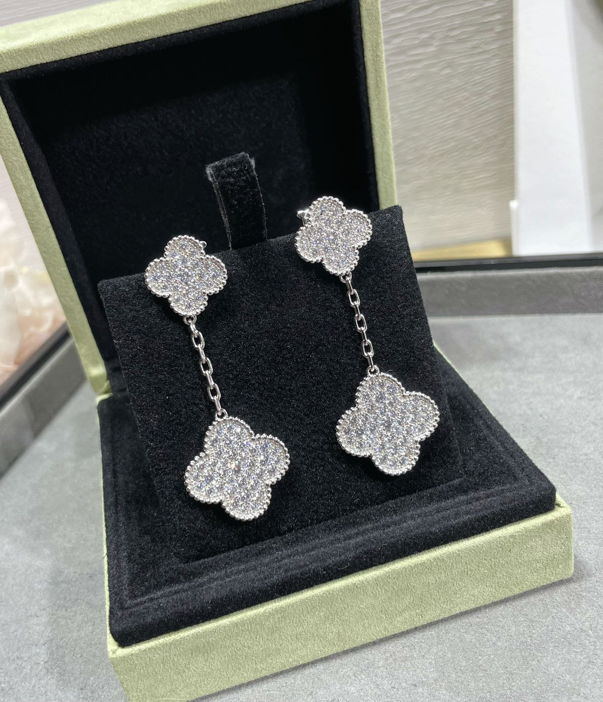 [Avelora Jewelry ]CLOVER 2 MOTIFS DIAMOND PAVED SILVER EARRINGS