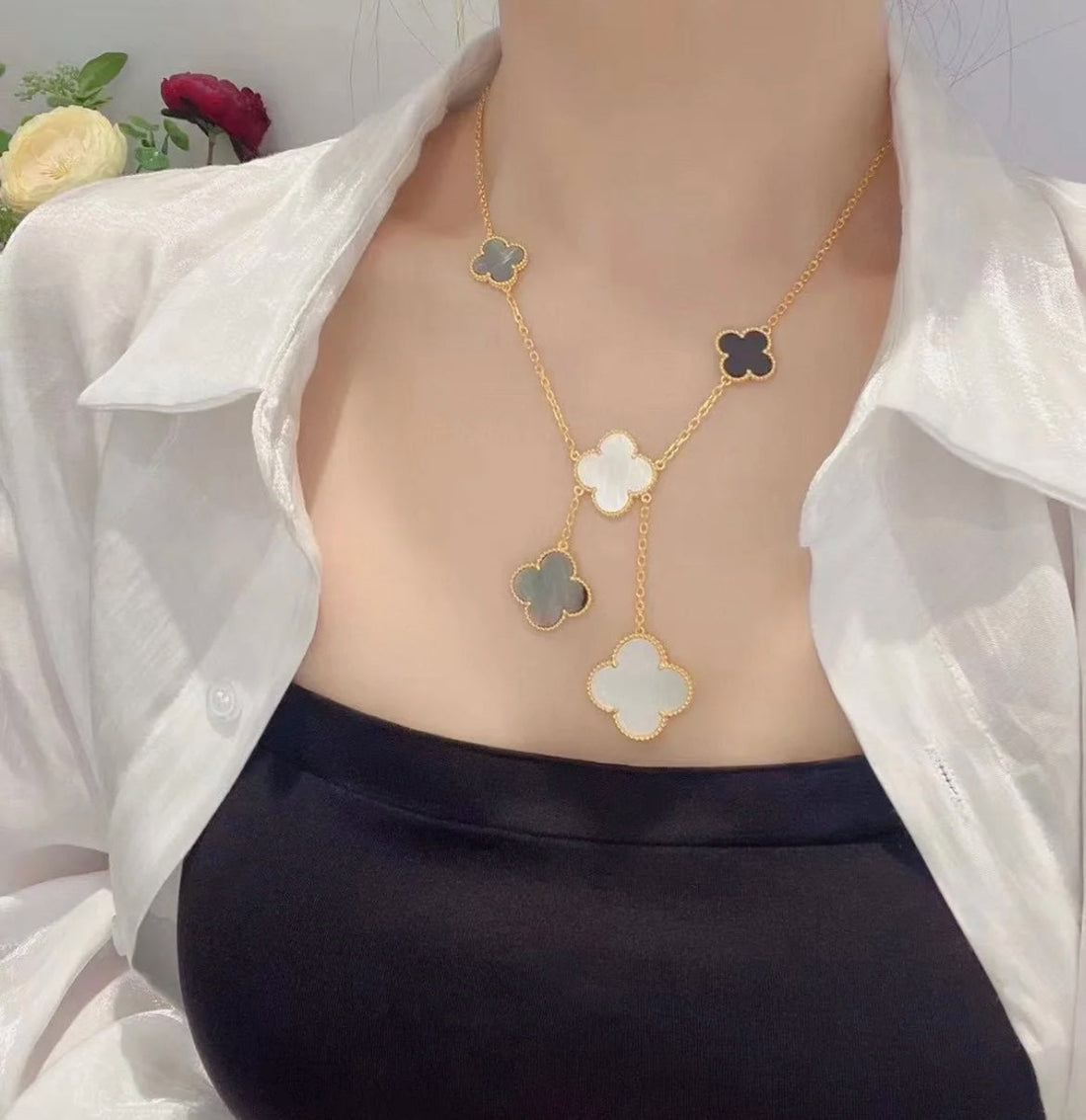 [Avelora Jewelry ]CLOVER 6 MOTIF MOP ONYX GOLD NECKLACE