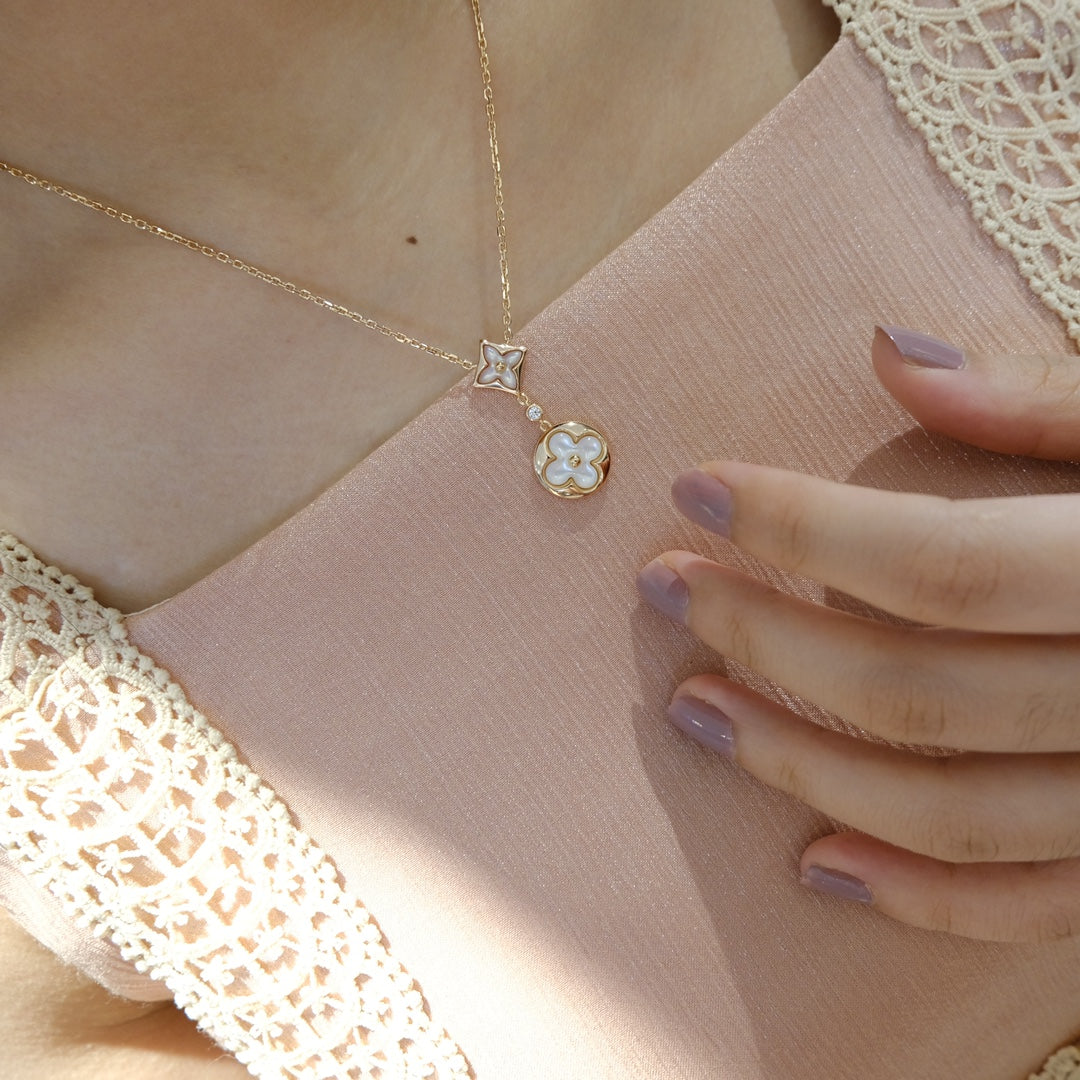 [Avelora Jewelry ]STAR AND SUN WHITE MOP 2 MOTIF PINK GOLD NECKLACE