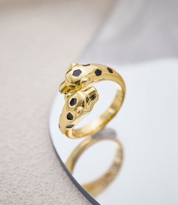 Green-Eye Double Panther Wrap Ring - Gold