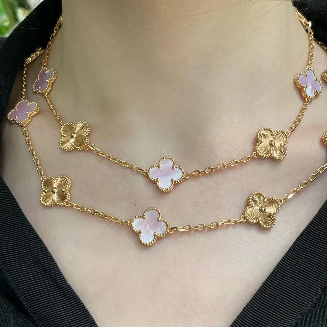 [Avelora Jewelry ]CLOVER 20 MOTIFS LASER PINK MOP NECKLACE
