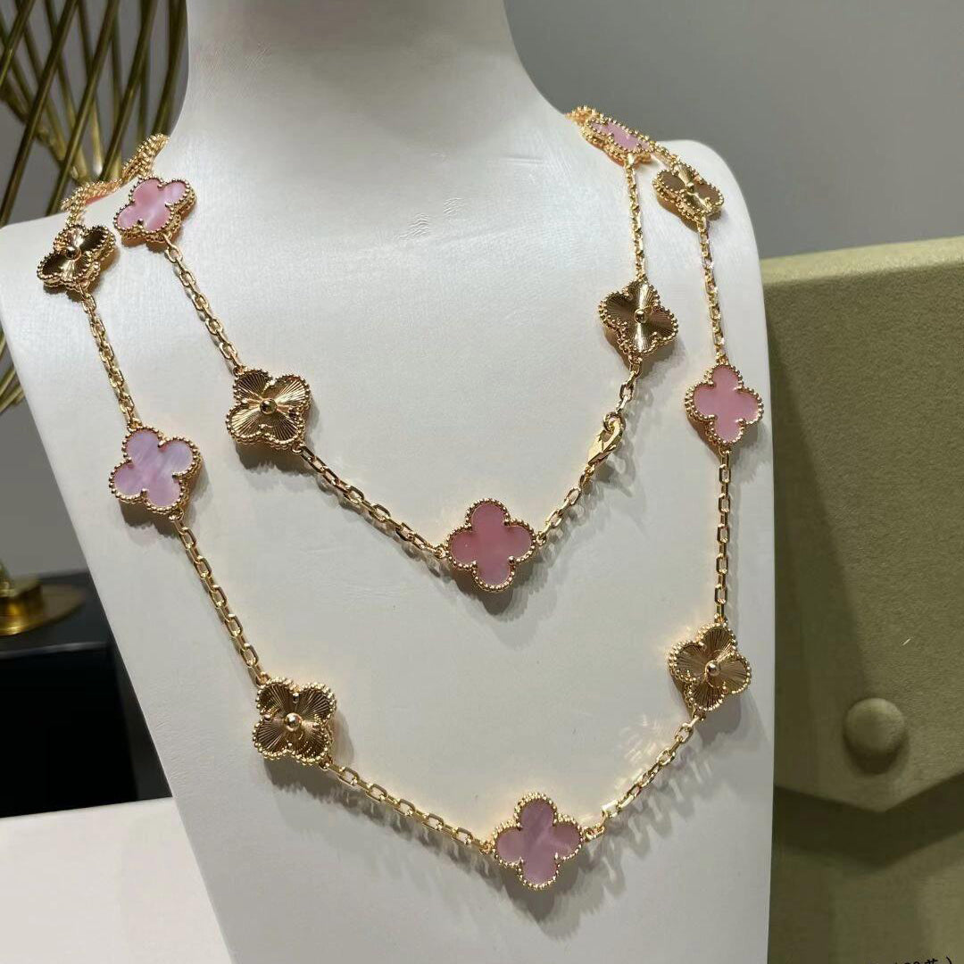 [Avelora Jewelry ]CLOVER 20 MOTIFS LASER PINK MOP NECKLACE