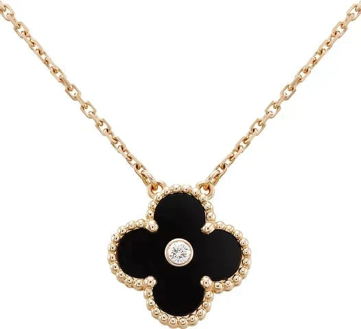 [Avelora Jewelry ]CLOVER 15MM DIAMOND ONYX NECKLACE