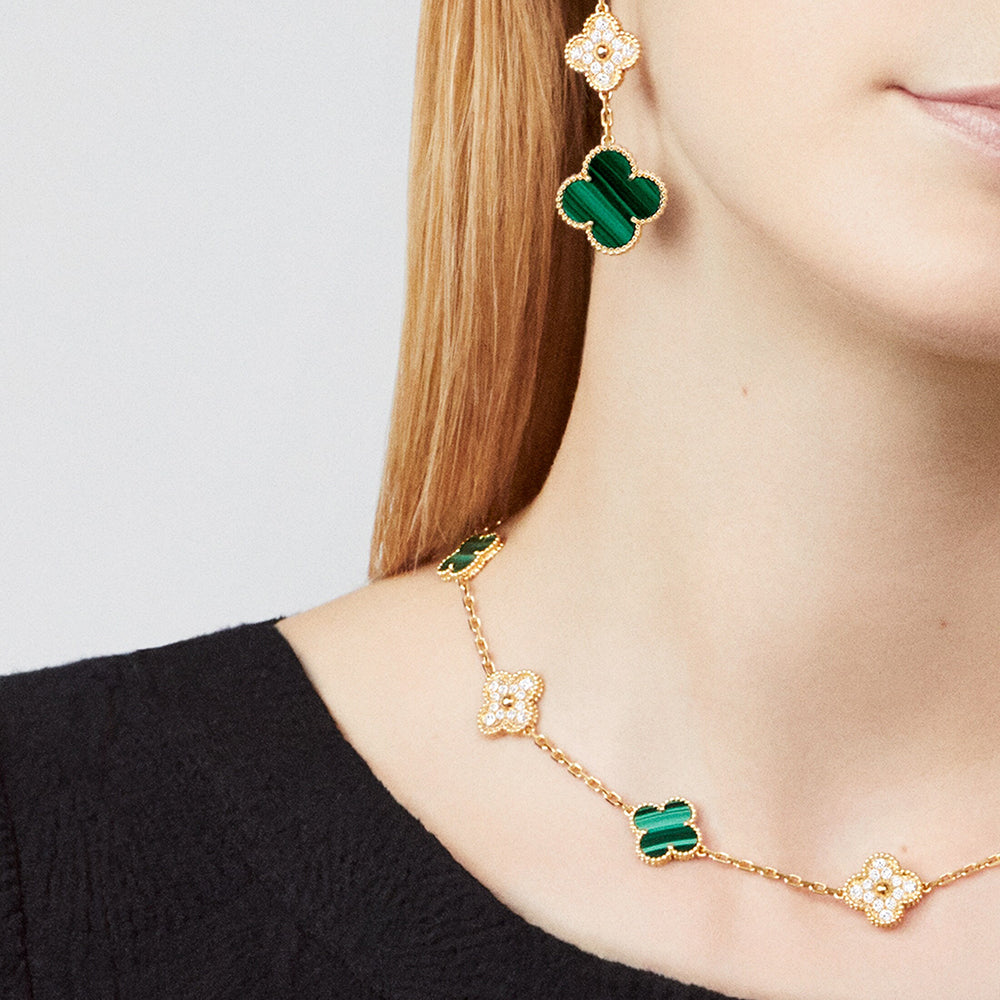 [Avelora Jewelry ]CLOVER 10 MOTIFS MALACHITE DIAMOND NECKLACE