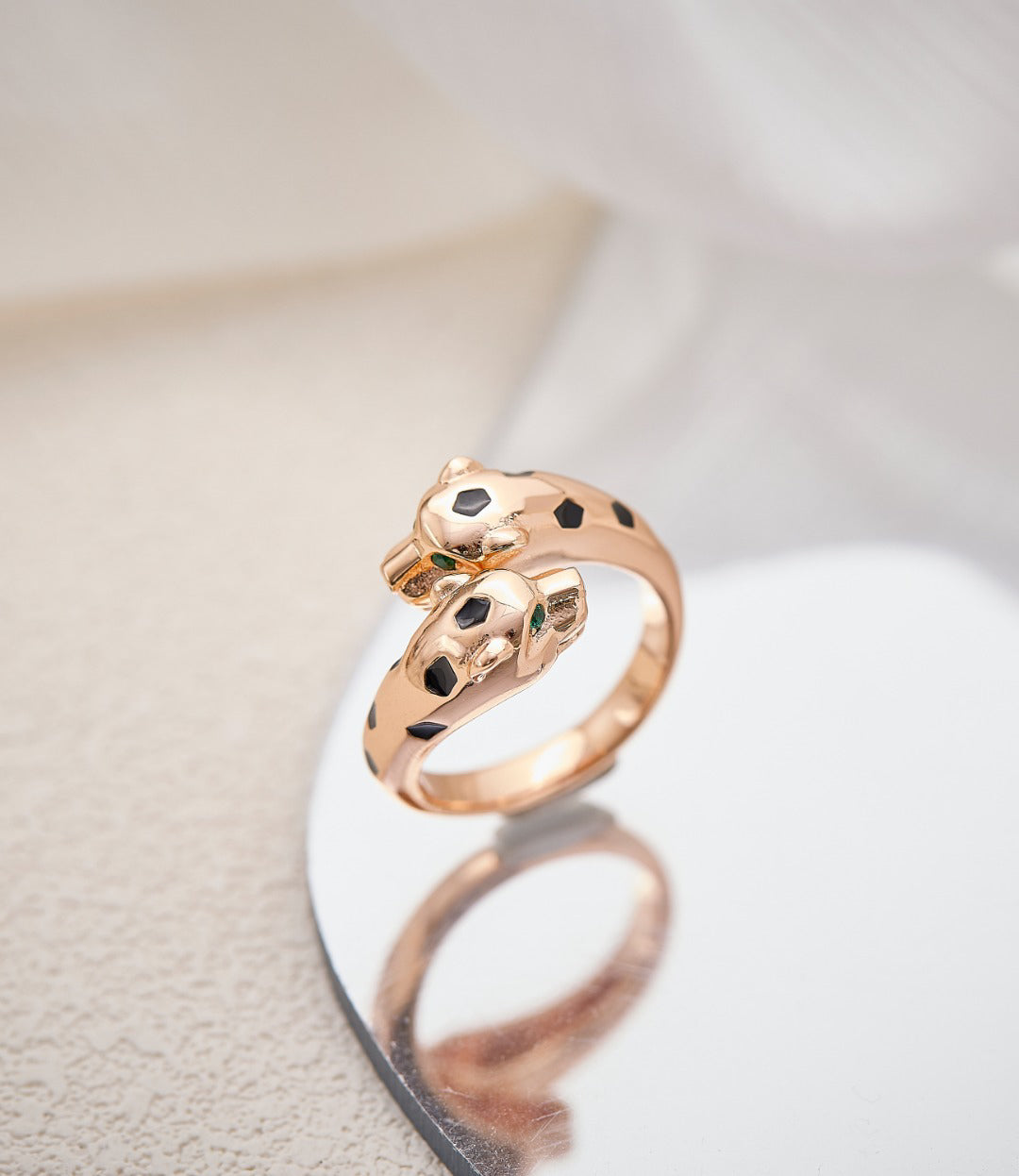 Green-Eye Double Panther Wrap Ring - Rose Gold