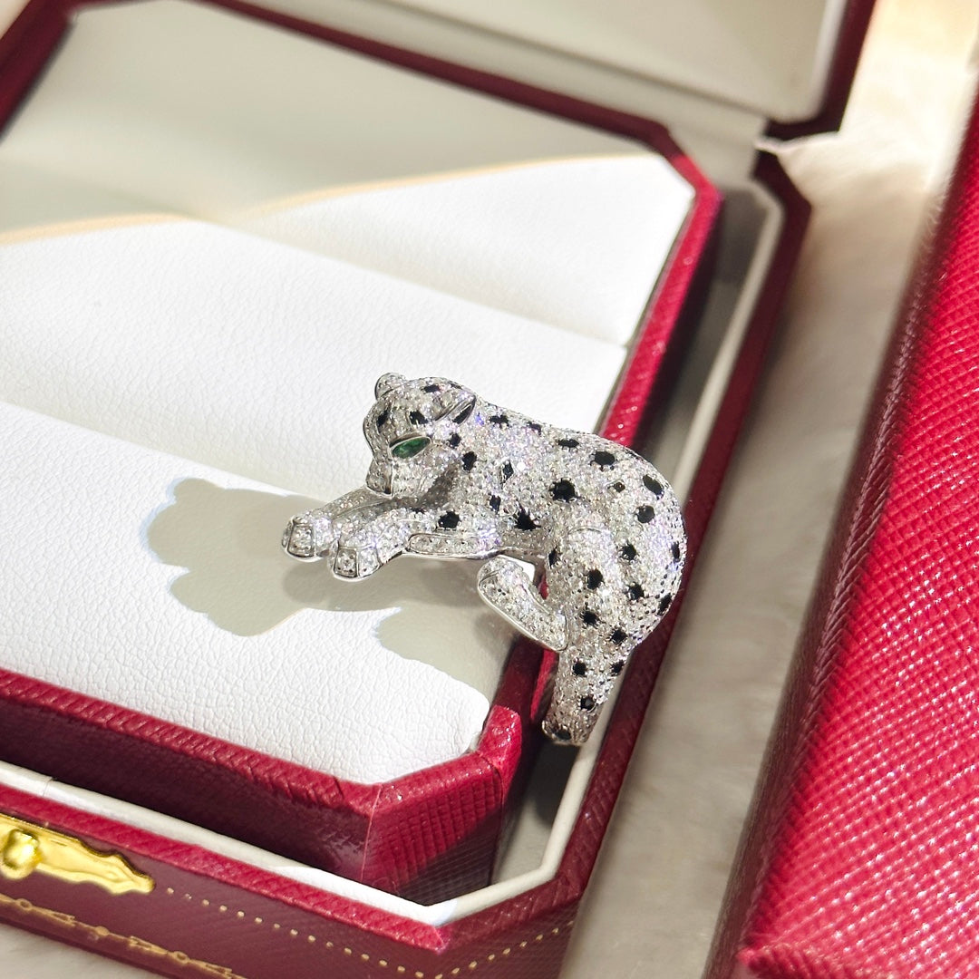 Green-Eye Panther Head Statement Ring - Silver