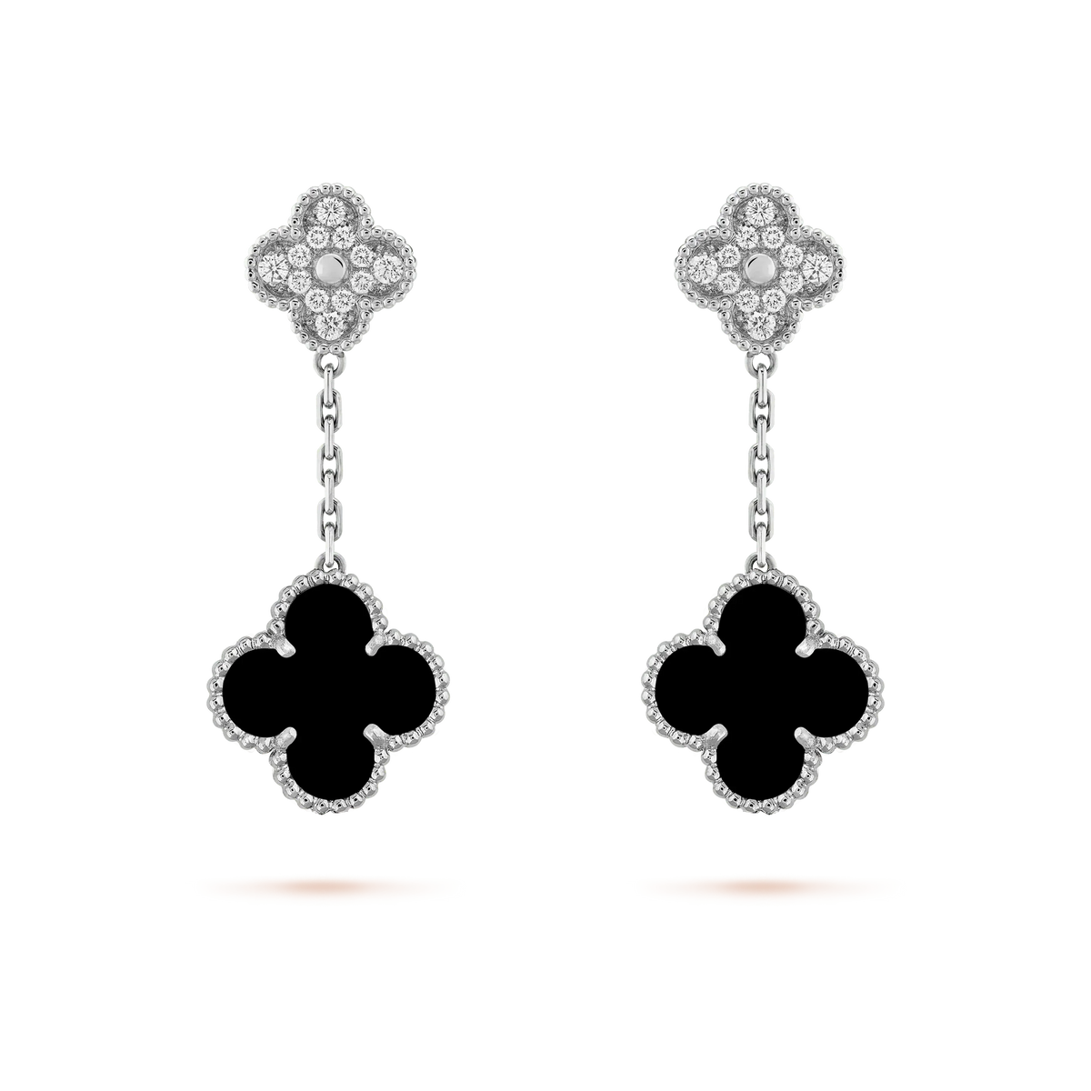 [Avelora Jewelry ]CLOVER 2 MOTIFS  DIAMOND ONYX EARRINGS SILVER