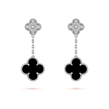 [Avelora Jewelry ]CLOVER 2 MOTIFS  DIAMOND ONYX EARRINGS SILVER