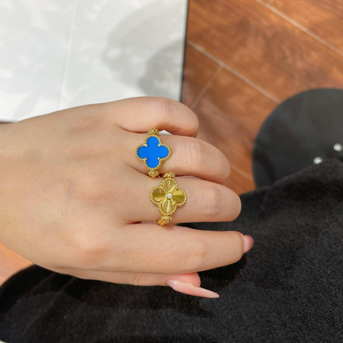 [Avelora Jewelry ]CLOVER RIVERSIBLE BLUE AGATE RING
