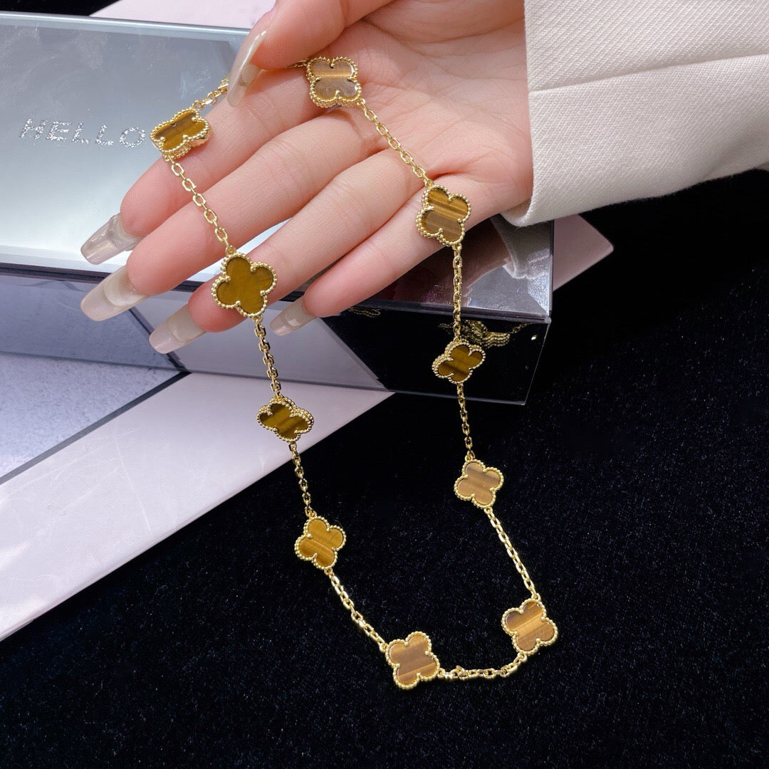[Avelora Jewelry ]CLOVER 10 MOTIFS TIGER EYE NECKLACE