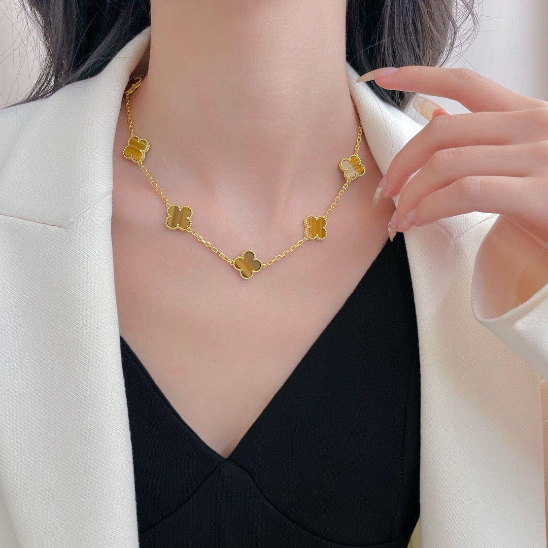 [Avelora Jewelry ]CLOVER 10 MOTIFS TIGER EYE NECKLACE