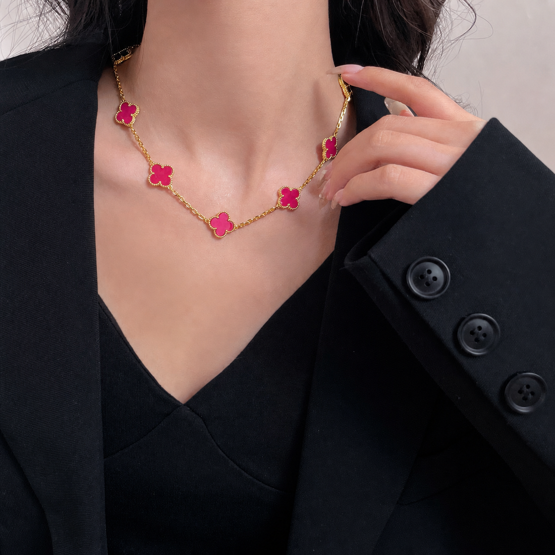[Avelora jewelry]NEW CLOVER 10 MOTIFS PINK ENAMEL NECKLACE
