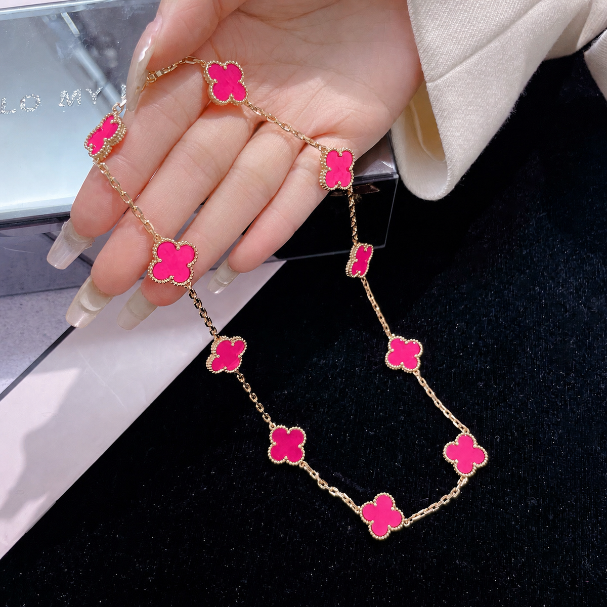 [Avelora jewelry]NEW CLOVER 10 MOTIFS PINK ENAMEL NECKLACE