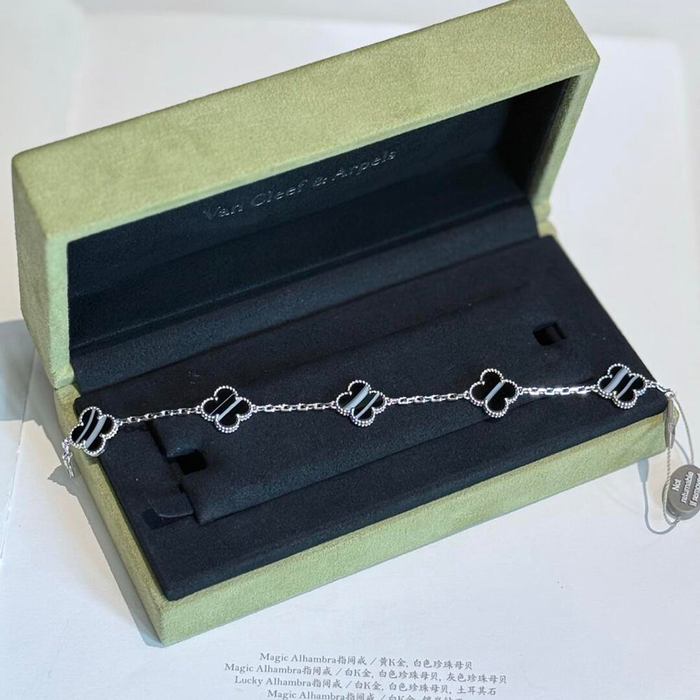 [Avelora Jewelry ]CLOVER 5 MOTIF VEINED ONYX BRACELET SILVER