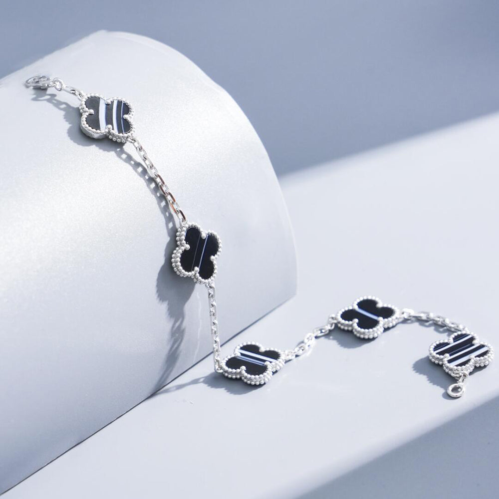 [Avelora Jewelry ]CLOVER 5 MOTIF VEINED ONYX BRACELET SILVER
