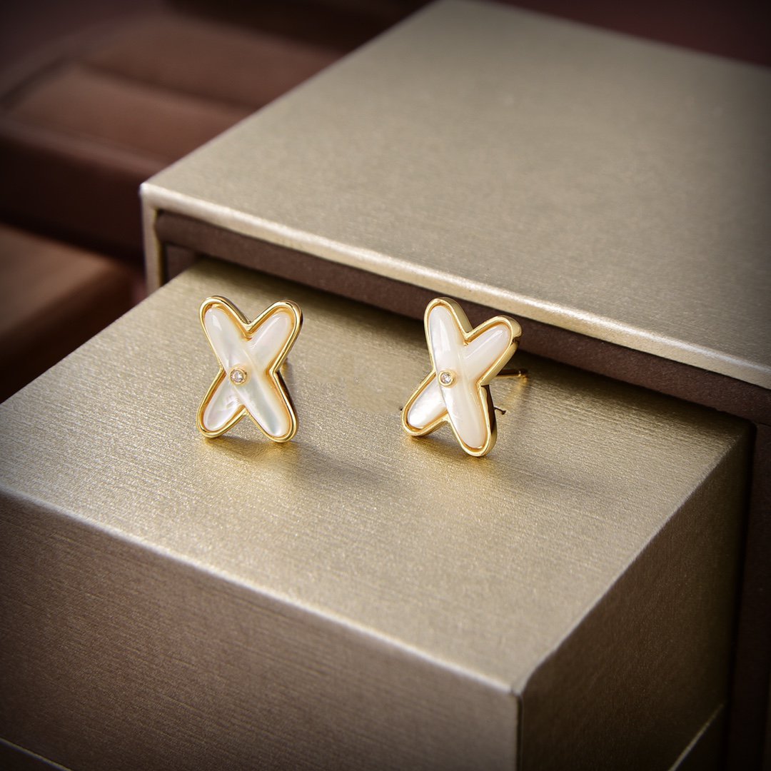 [Avelora]JEUX DE WHITE MOP GOLD DIAMOND EARRINGS