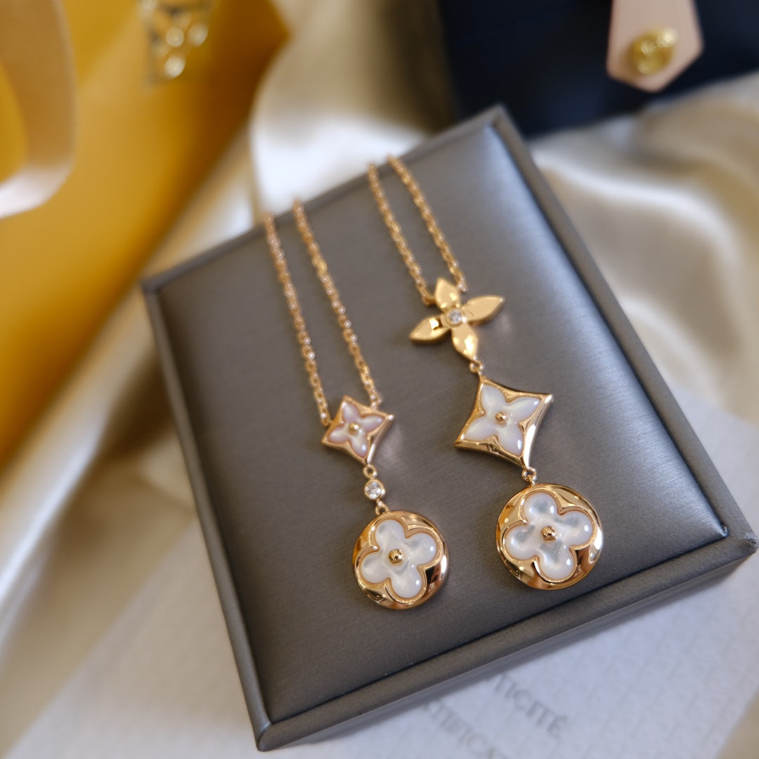 [Avelora Jewelry ]COLOR BLOSSOM LARIAT NECKLACE PINK GOLD WHITE MOTHER PEARL AND DIAMOND