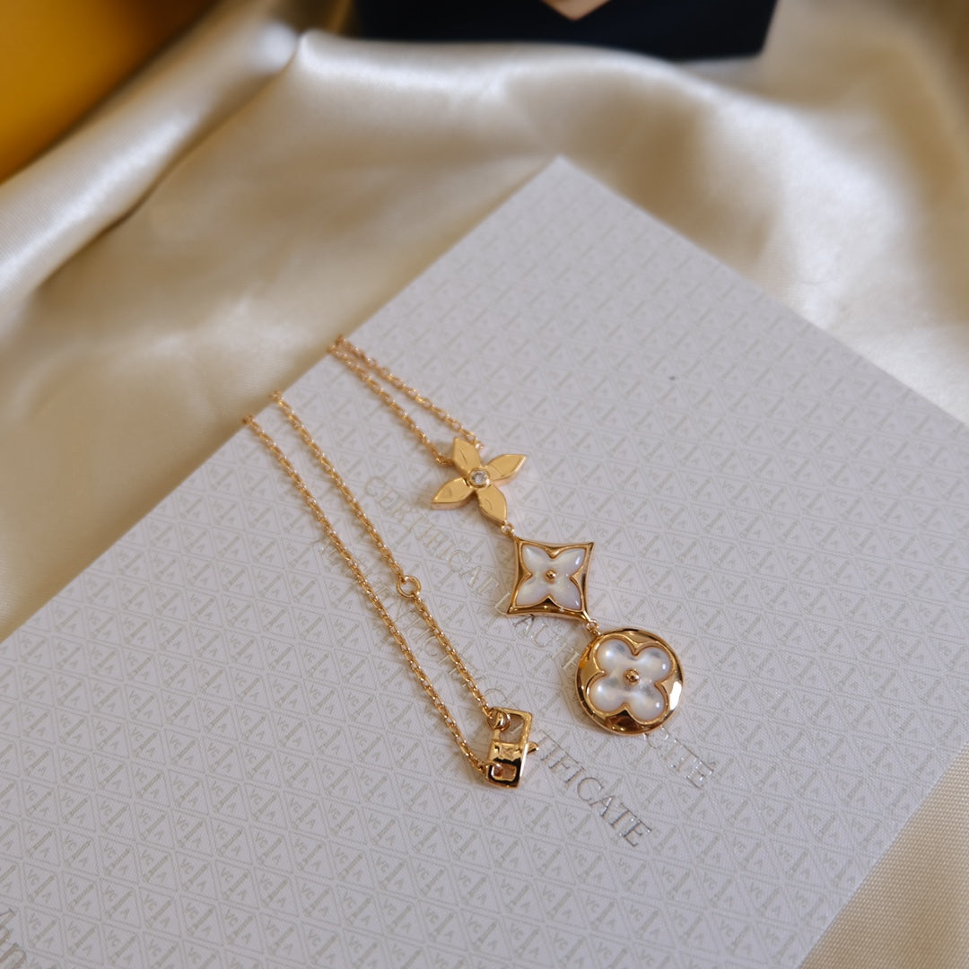[Avelora Jewelry ]COLOR BLOSSOM LARIAT NECKLACE PINK GOLD WHITE MOTHER PEARL AND DIAMOND