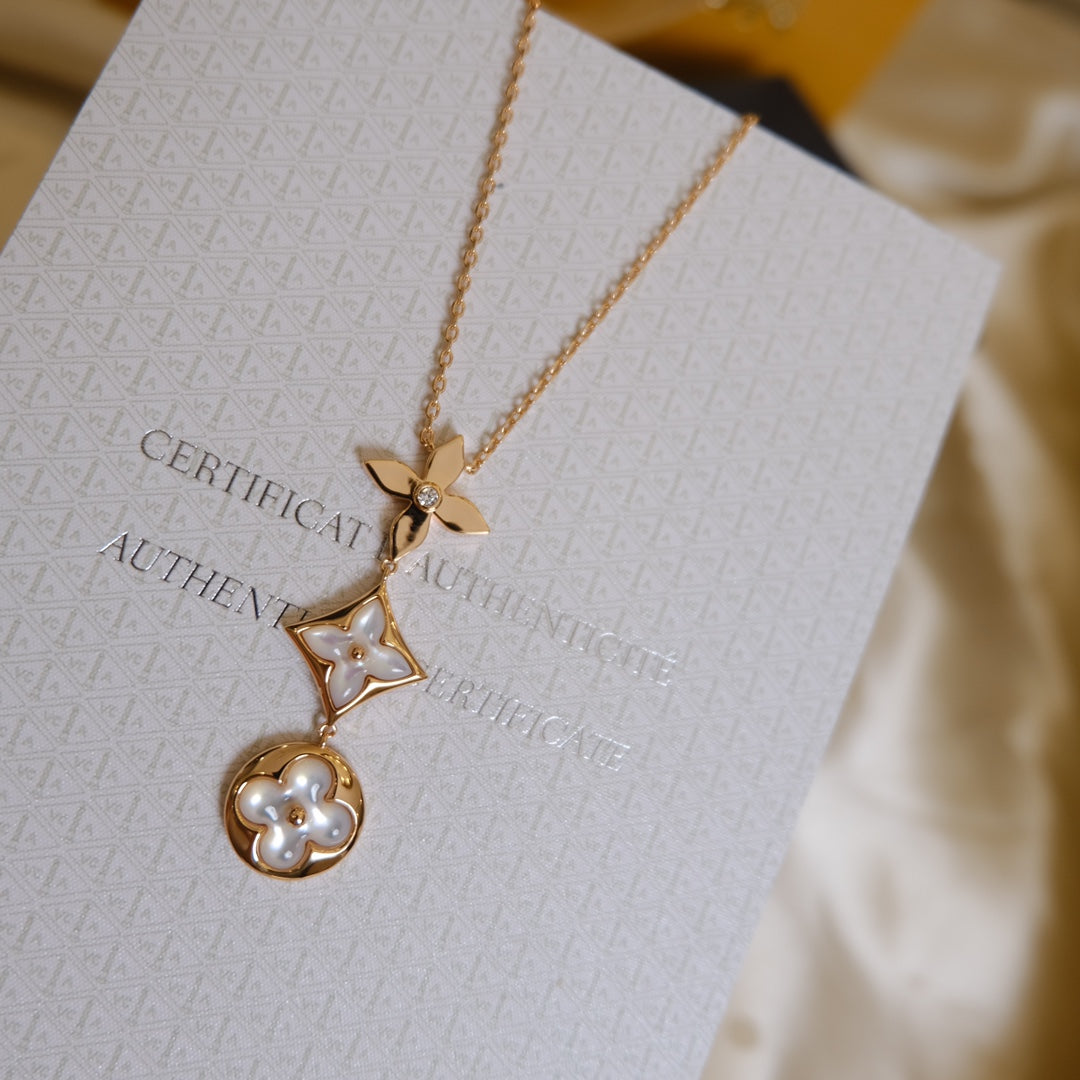 [Avelora]COLOR BLOSSOM LARIAT NECKLACE ROSE GOLD WHITE MOTHER PEARL AND DIAMOND