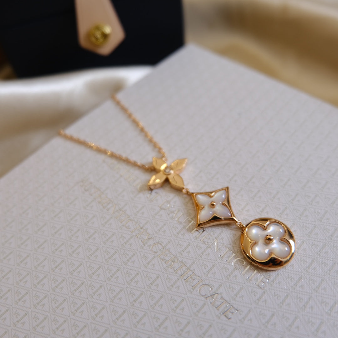 [Avelora]COLOR BLOSSOM LARIAT NECKLACE ROSE GOLD WHITE MOTHER PEARL AND DIAMOND