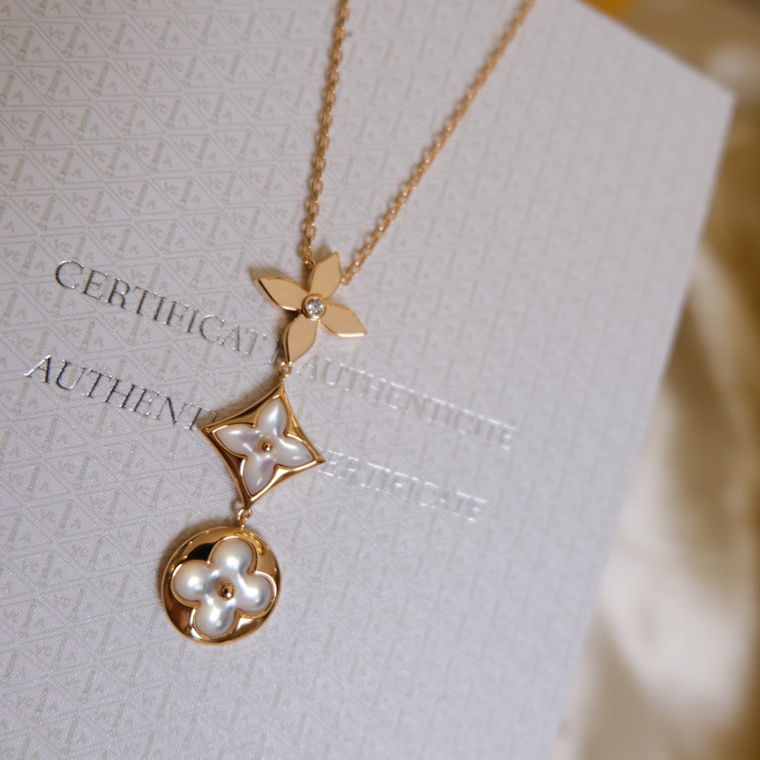 [Avelora]COLOR BLOSSOM LARIAT NECKLACE ROSE GOLD WHITE MOTHER PEARL AND DIAMOND