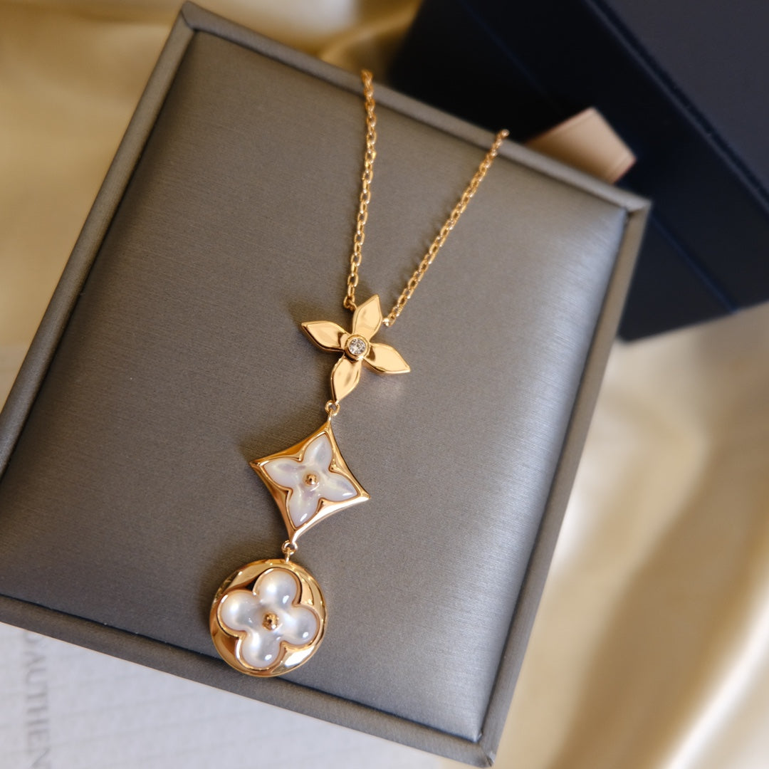 [Avelora]COLOR BLOSSOM LARIAT NECKLACE ROSE GOLD WHITE MOTHER PEARL AND DIAMOND