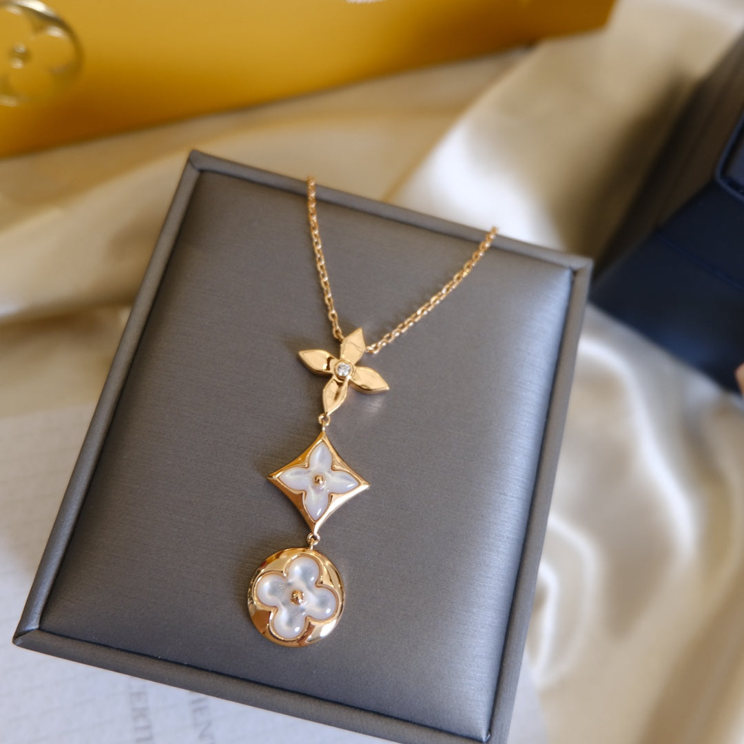 [Avelora Jewelry ]COLOR BLOSSOM LARIAT NECKLACE PINK GOLD WHITE MOTHER PEARL AND DIAMOND