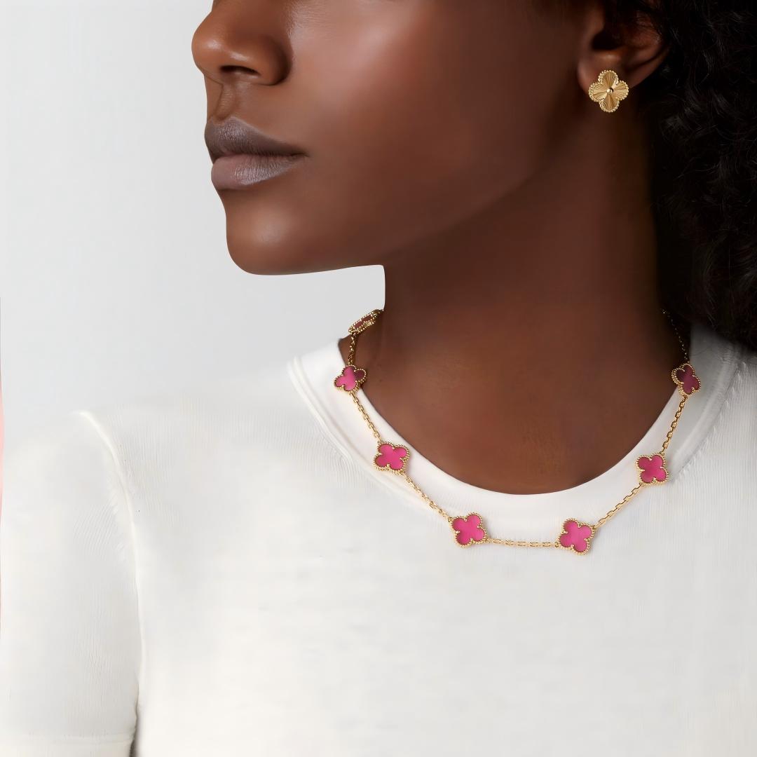 [Avelora jewelry]NEW CLOVER 10 MOTIFS PINK ENAMEL NECKLACE